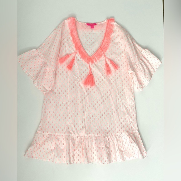 Lilly Pulitzer Kipper Cover-up Minidress Tangelo Neon Clip Tassels White coral - Picture 9 of 9